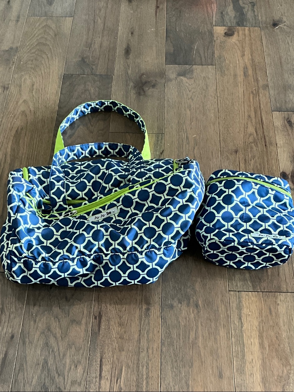 Ju-Ju-Be Navy Geometric Diaper Bag Set with Lime Accents